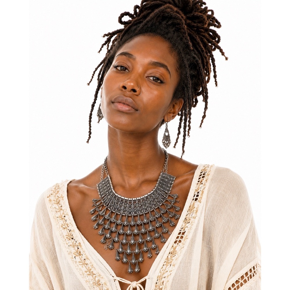 Boho‎ Silver Tone Bib Necklace Fringe Teardrop Tribal Festival Boho Chic 103-145